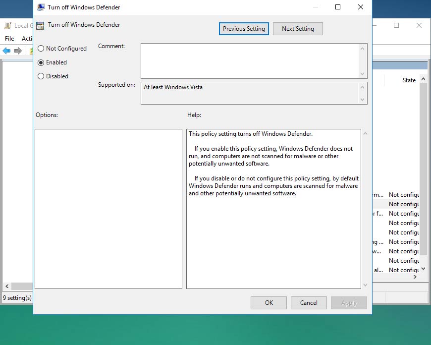 Disable Windows Defender on Windows 10 using GUI and PowerShell 2
