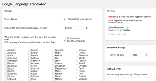 Google Language Translator configuration