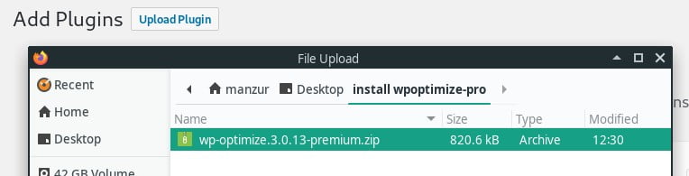 Install WordPress plugin select file