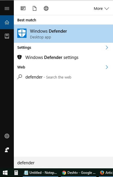 Search Windows Defender from Start menu