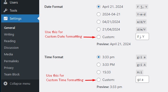 WordPress date and time formatting